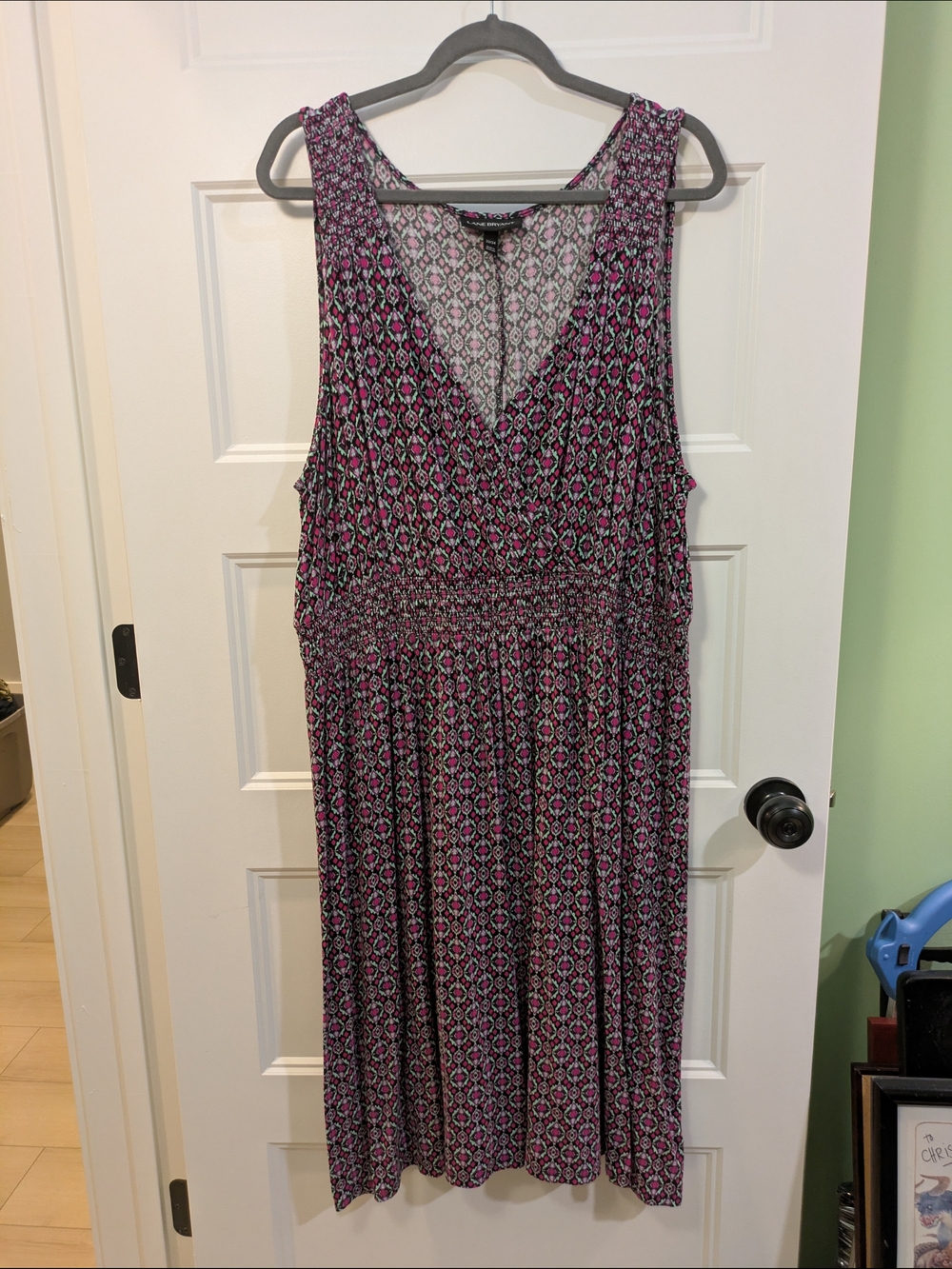 Lane Bryant Pink and Black Printed Sleeveless V-Neck Midi Dress